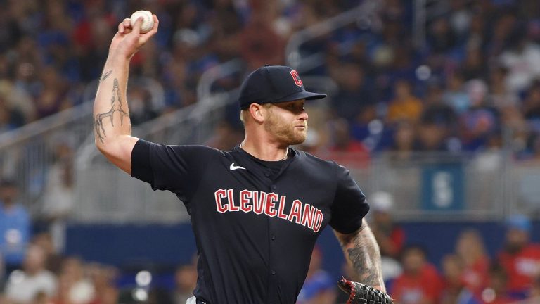 Cleveland Guardians pitcher Ben Lively throws to a Miami Marlins batter during the first inning of a baseball game Saturday, June 8, 2024, in Miami. (AP Photo/Thom Baur)