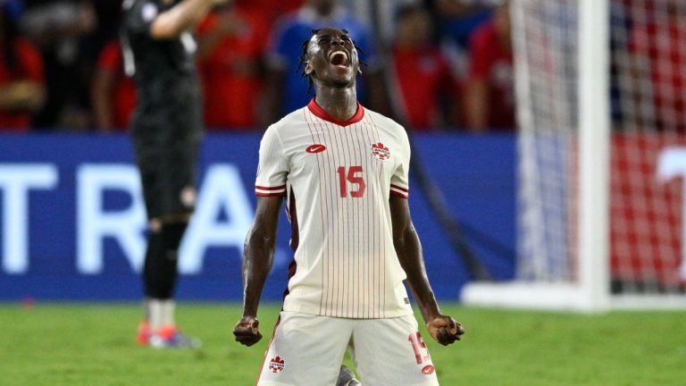 Canada's Moïse Bombito celebrates at the end of a Copa America Group A soccer match against Chile in Orlando, Fla., Saturday, June 29, 2024. (AP/Phelan Ebenhack)