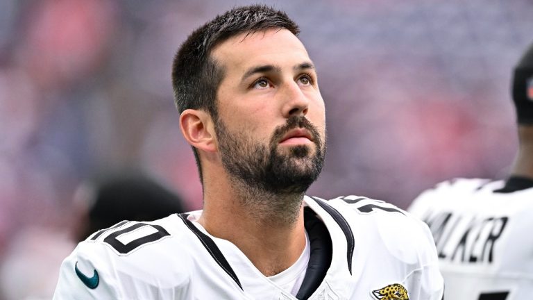 Former Jacksonville Jaguars place kicker Brandon McManus (10) on the sideline during an NFL football game against the Houston Texans, Sunday, Nov. 26, 2023, in Houston (AP Photo/Maria Lysaker)