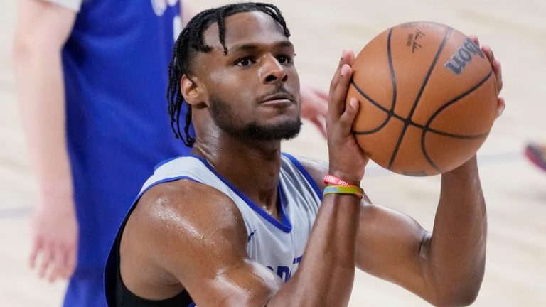 Bronny James shoots a free throw during the 2024 NBA basketball Draft Combine in Chicago, Tuesday, May 14, 2024. (AP Photo/Nam Y. Huh)