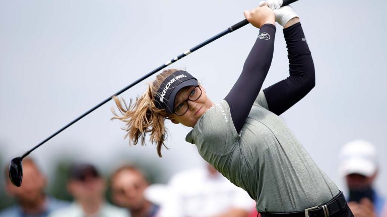 Brooke M. Henderson of Canada watches her tee shot on the second hole during the first round of the Meijer LPGA Classic golf tournament, Thursday, June 13, 2024, in Belmont, Mich. (Al Goldis/AP)