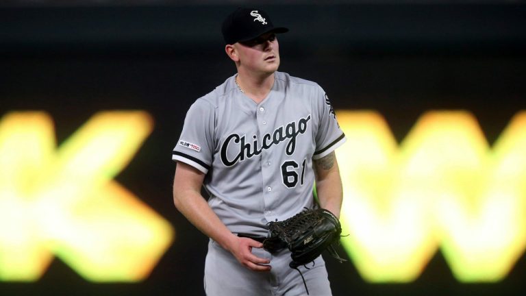 Former Chicago White Sox and current Toronto Blue Jays pitcher Ryan Burr waits after giving up a walk. (Jim Mone/AP)