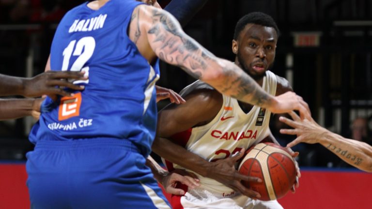 Canada's Andrew Wiggins is surrounded by Czech Republic players during the second half of FIBA Men's Olympic Qualifying semifinal basketball action at Memorial Arena in Victoria, B.C., on Saturday, July 3, 2021. (CP)