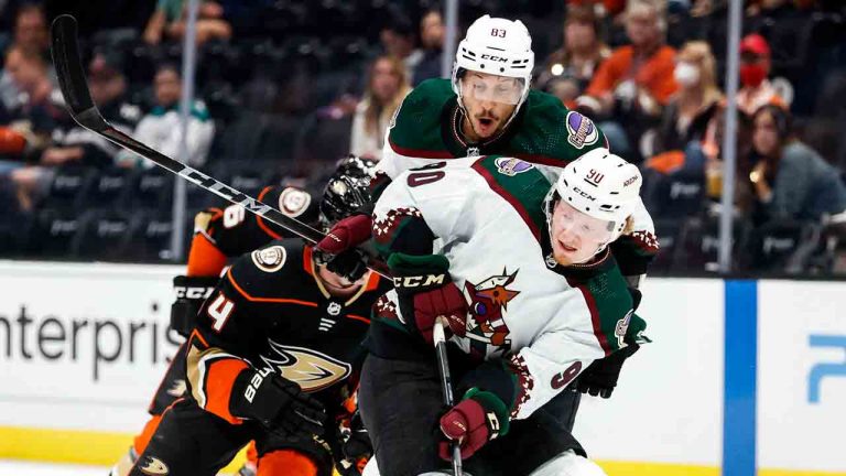 Anaheim Ducks forward Danny O'Regan (55) controls the puck against Arizona Coyotes forward Ben McCartney (90) during the first period of a preseason NHL hockey game Wednesday, Sept. 29, 2021, in Anaheim, Calif. (Ringo H.W. Chiu/AP)