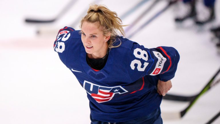 Amanda Kessel is awarded best player of USA after the IIHF World Championship Woman's ice hockey match between USA and Finland in Herning, Denmark, Saturday, Aug 27, 2022. (Bo Amstrup/Ritzau Scanpix via AP) 