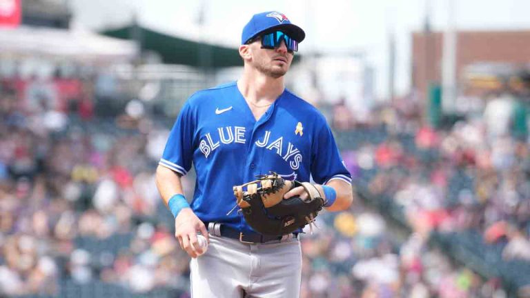 Toronto Blue Jays first baseman Spencer Horwitz (48) in the third inning of a baseball game Sunday, Sept. 3, 2023, in Denver. (David Zalubowski/AP)