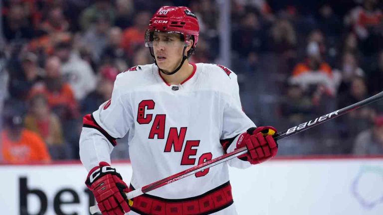 Carolina Hurricanes' Teuvo Teravainen plays during an NHL hockey game, Monday, Oct. 30, 2023, in Philadelphia. (Matt Slocum/AP)