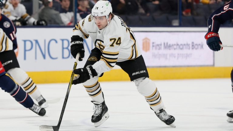 Boston Bruins' Jake DeBrusk plays against the Columbus Blue Jackets during an NHL hockey game Monday, Nov. 27, 2023, in Columbus, Ohio. (Jay LaPrete/AP) 