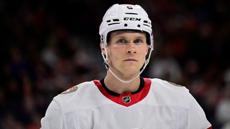 Ottawa Senators' Jakob Chychrun in action during an NHL hockey game against the Philadelphia Flyers, Sunday, Jan. 21, 2024, in Philadelphia. (Derik Hamilton/AP) 