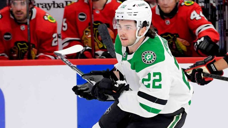 Dallas Stars centre Mavrik Bourque (22) skates against the Chicago Blackhawks during an NHL hockey game in Chicago, Saturday, April 6, 2024. (Mark Black/AP)