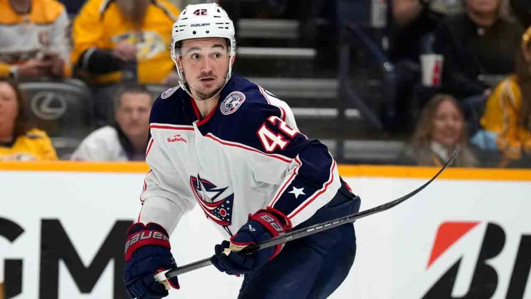 Columbus Blue Jackets' Alexandre Texier (42) plays against the Nashville Predators during the third period of an NHL hockey game Saturday, April 13, 2024, in Nashville, Tenn. (Mark Humphrey/AP)