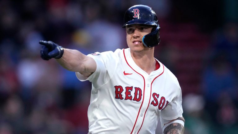 Boston Red Sox's Tyler O'Neill points toward the dugout while celebrating after his three-run home run during the first inning of a baseball game against the Tampa Bay Rays at Fenway Park, Monday, May 13, 2024, in Boston. (Charles Krupa/AP) 