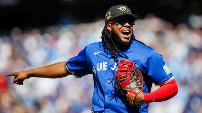 Toronto Blue Jays first base,am Vladimir Guerrero Jr. (27) reacts to a Tampa Bay Rays second base Jonathan Aranda (62) single in the ninth inning of MLB baseball action in Toronto on Sunday, May 19, 2024. (Cole Burston/CP)