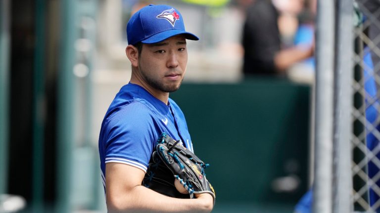 Toronto Blue Jays starting pitcher Yusei Kikuchi prepares to walk to the mound during the second inning of a baseball game against the Detroit Tigers, Sunday, May 26, 2024, in Detroit. (Carlos Osorio/CP) 