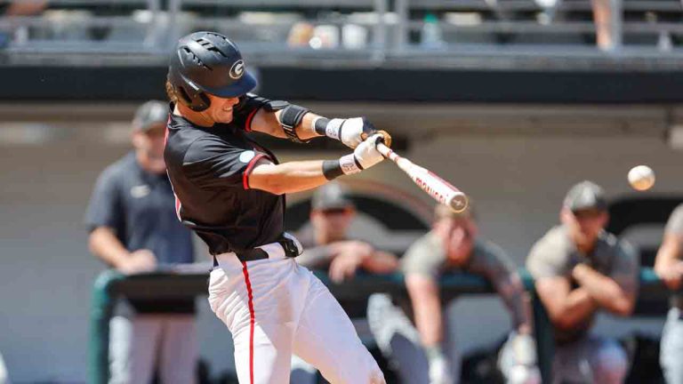 Georgia's Charlie Condon (24) hits the ball during an NCAA regional baseball game against Army on Friday, May 31, 2024 in Athens, Ga. (Stew Milne/AP)