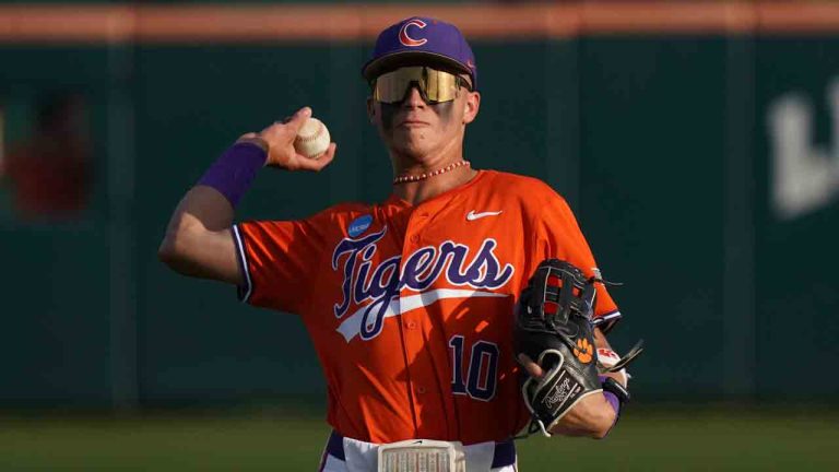 Clemson outfielder Cam Cannarella throws the ball before an NCAA regional baseball game against High Point on Friday, May 31, 2024, in Clemson, S.C. Clemson won 4-3. (Sean Rayford/AP)