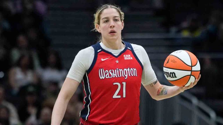 Washington Mystics forward Emily Engstler in action against the Seattle Storm during a WNBA basketball game Saturday, May 25, 2024, in Seattle. (Lindsey Wasson/AP)