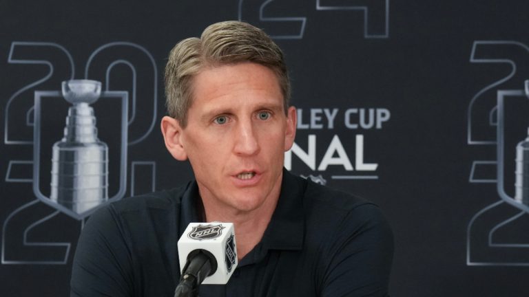 Edmonton Oilers head coach Kris Knoblauch speaks to the media following game 1 of the NHL Stanley Cup final against the Florida Panthers in Fort Lauderdale, Fla., Sunday, June 9, 2024. THE CANADIAN PRESS/Nathan Denette 