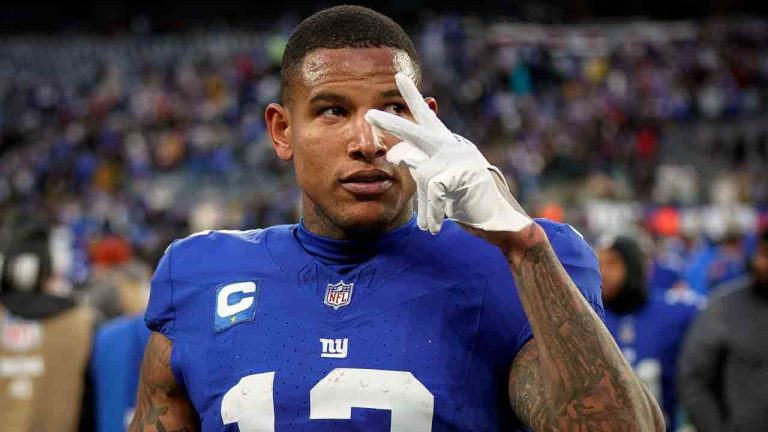 New York Giants tight end Darren Waller (12) gestures after an NFL football game against the Los Angeles Rams on Sunday, Dec. 31, 2023, in East Rutherford, N.J. (Bryan Woolston/AP