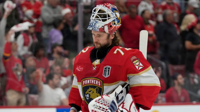 Florida Panthers goaltender Sergei Bobrovsky takes a break during the first period of Game 2 of the NHL hockey Stanley Cup Finals against the Edmonton Oilers, Monday, June 10, 2024, in Sunrise, Fla. Wilfredo Lee/AP) 