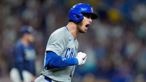 Chicago Cubs' Cody Bellinger celebrates after hitting a three-run home run off Tampa Bay Rays relief pitcher Garrett Cleavinger during the seventh inning of a baseball game Wednesday, June 12, 2024, in St. Petersburg, Fla. (Chris O'Meara/AP)