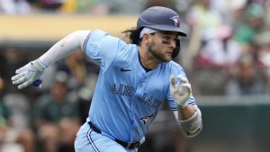 Toronto Blue Jays' Bo Bichette against the Oakland Athletics during a baseball game Saturday, June 8, 2024, in Oakland, Calif. (Godofredo A. Vásquez/AP) 