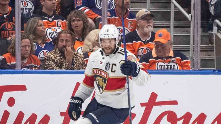 Florida Panthers' Aleksander Barkov (16) celebrates a goal against the Edmonton Oilers during second period Game 3 action of the NHL Stanley Cup final in Edmonton on Thursday, June 13, 2024. (Jason Franson/CP)