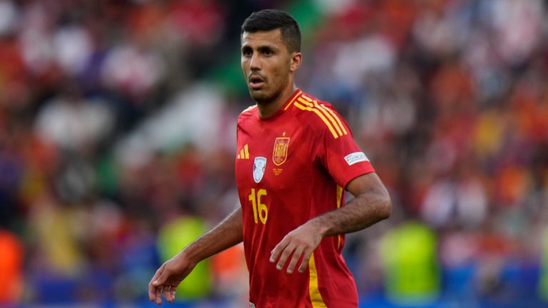 Spain's Rodri in action during a Group B match between Spain and Croatia at the Euro 2024 soccer tournament in Berlin, Germany. (AP/Sergei Grits) 