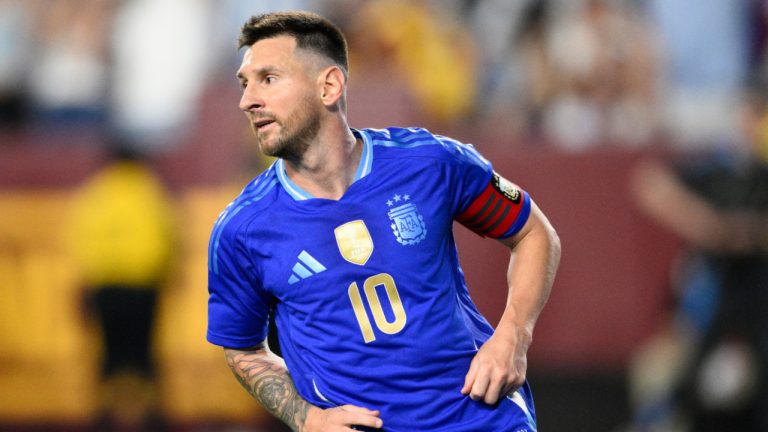 Argentina forward Lionel Messi in action during the second half of an international friendly soccer match against Guatemala, Friday, June 14, 2024, in Landover, Md. (Nick Wass/AP) 