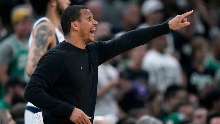 Boston Celtics head coach Joe Mazzulla shouts to his players during the first half of Game 5 of the NBA basketball finals against the Dallas Mavericks, Monday, June 17, 2024, in Boston. (Charles Krupa/AP)