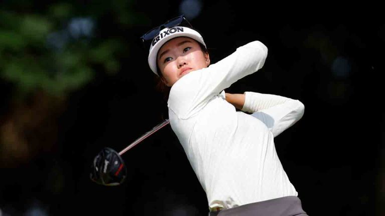 Grace Kim of Australia tees off on the fourth hole during the final round of the Meijer LPGA Classic golf tournament, Sunday, June 16, 2024, in Belmont, Mich. (Al Goldis/AP)