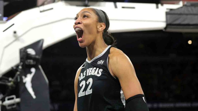 Las Vegas Aces center A'ja Wilson celebrates after drawing a shooting foul during the second half of the team's WNBA basketball game against the Connecticut Sun on Friday, June 21, 2024, in Las Vegas. (Steve Marcus/Las Vegas Sun via AP)