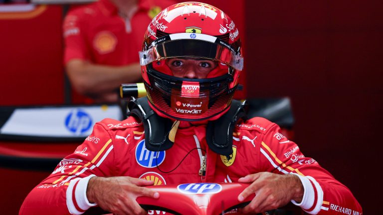 Ferrari driver Carlos Sainz of Spain prepares for the 3rd practice session for the Formula 1 Spanish Grand Prix at the Barcelona Catalunya racetrack in Montmelo, near Barcelona, Spain, Saturday, June 22, 2024. (Joan Monfort/AP) 