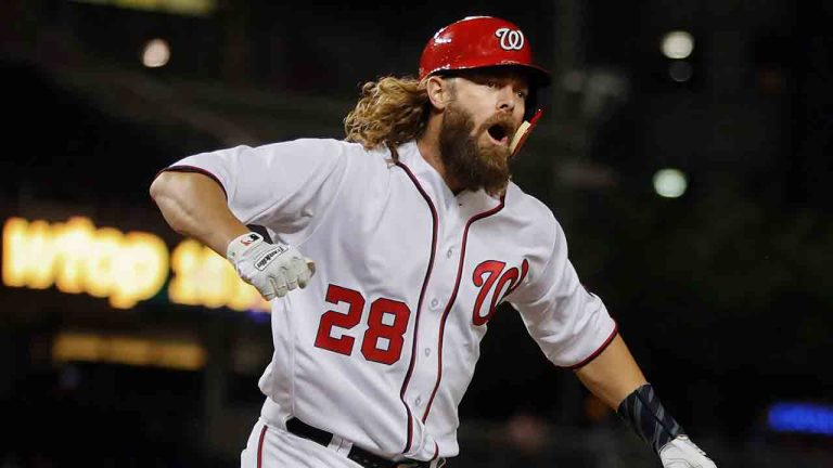 Washington Nationals Jayson Werth begins to celebrate after hitting a two-run homer against the Miami Marlins starting pitcher Jose Urena during the fourth inning of a baseball game at Nationals Park, Monday, Aug. 28, 2017, in Washington. (Pablo Martinez Monsivais/AP)