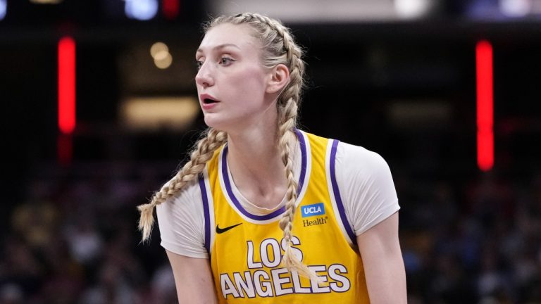 Los Angeles Sparks' Cameron Brink plays in the second half of a WNBA game against the Indiana Fever, May 28, 2024. (AP Photo/Michael Conroy)