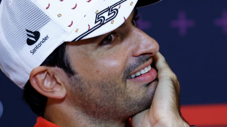 Ferrari driver Carlos Sainz of Spain attends a press conference at the Barcelona Catalunya racetrack, June 20, 2024. (AP Photo/Joan Monfort)