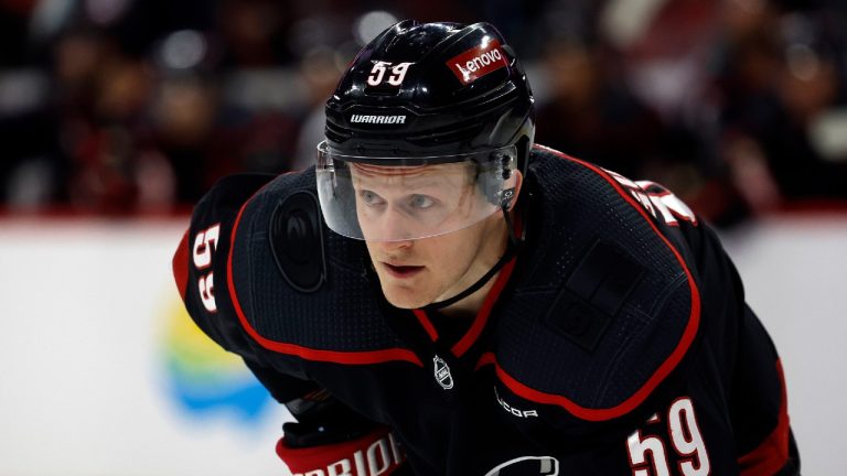 Carolina Hurricanes' Jake Guentzel (59) watches the puck against the Boston Bruins during the second period of an NHL hockey game in Raleigh, N.C., Thursday, April 4, 2024. (Karl B DeBlaker/AP)