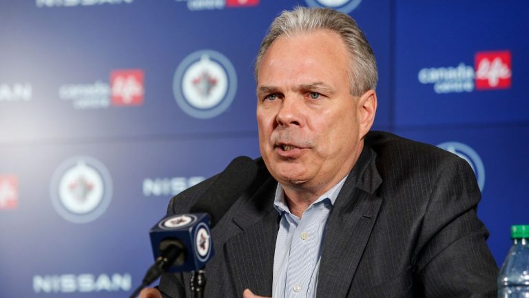 Winnipeg Jets General Manager Kevin Cheveldayoff speaks to media at a press conference in Winnipeg, Monday, May 27, 2024. (John Woods/CP Photo)