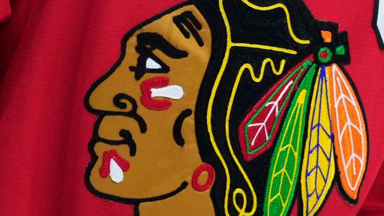 The Chicago Blackhawks' logo is seen during an NHL hockey game on Jan. 19, 2023, in Philadelphia. The Blackhawks will not wear Pride-themed warmup jerseys before Sunday's March 26, 2023, Pride Night game against Vancouver because of security concerns involving a Russian law that expands restrictions on activities seen as promoting LGBTQ rights in the country. (Matt Slocum/AP)