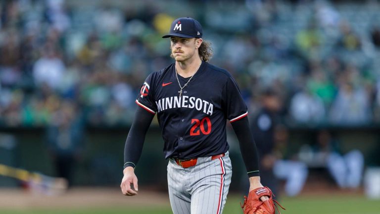 Minnesota Twins starting pitcher Chris Paddack (20) walks off the field after pitching against the Oakland Athletics in the third inning of a baseball game in Oakland, Calif., Friday, June 21, 2024. The Athletics won 6-5.(John Hefti/AP)