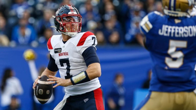 Montreal Alouettes quarterback Cody Fajardo throws against the Winnipeg Blue Bombers during first half CFL action in Winnipeg Thursday, June 6, 2024. (John Woods/CP Photo)