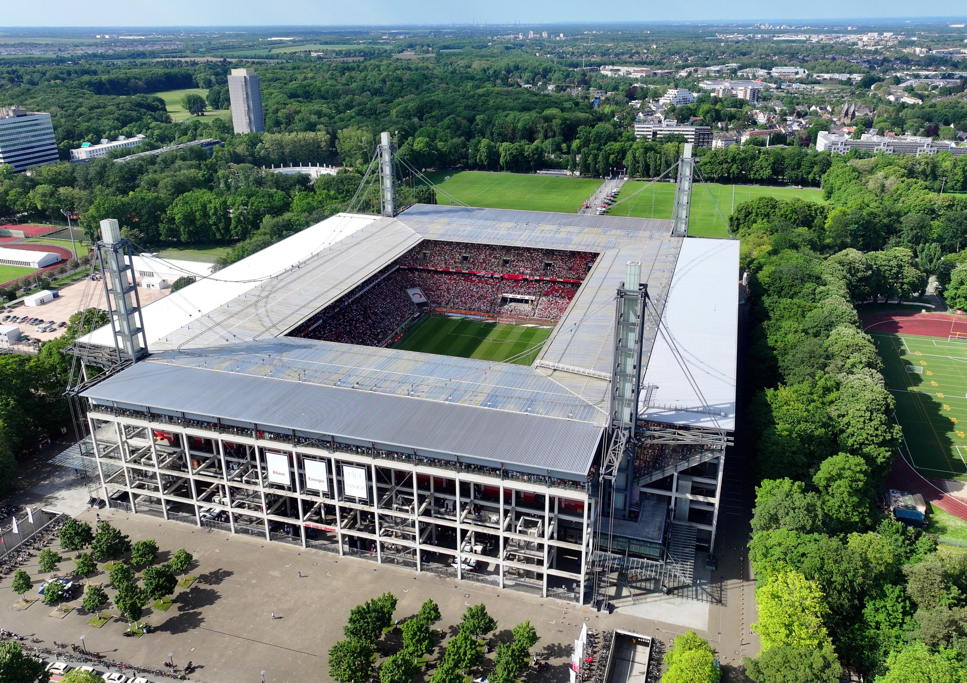 Arial view of the Cologne Stadium stadium (Sascha Thelen/dpa via AP)