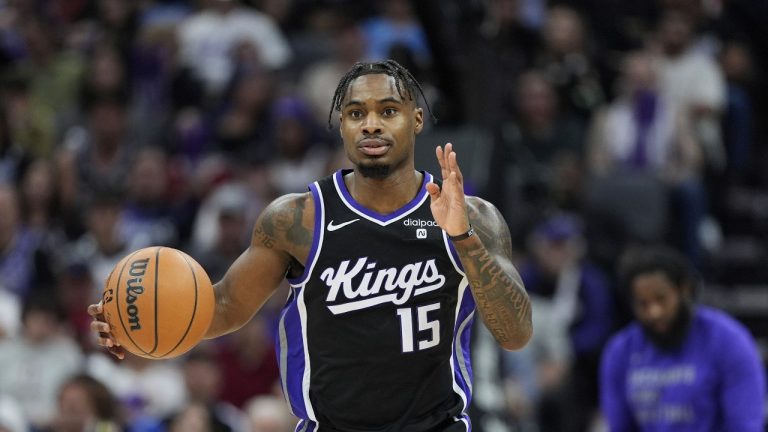 Former Sacramento Kings guard Davion Mitchell against the Los Angeles Clippers during the first half of an NBA basketball game Tuesday, April 2, 2024, in Sacramento, Calif. (AP Photo/Godofredo A. Vásquez)