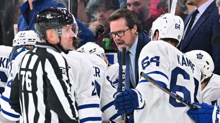 Assistant coach of the Toronto Maple Leafs Dean Chynoweth handles bench duties during the third period against the Montreal Canadiens at the Bell Centre. (Minas Panagiotakis/Getty Images)
