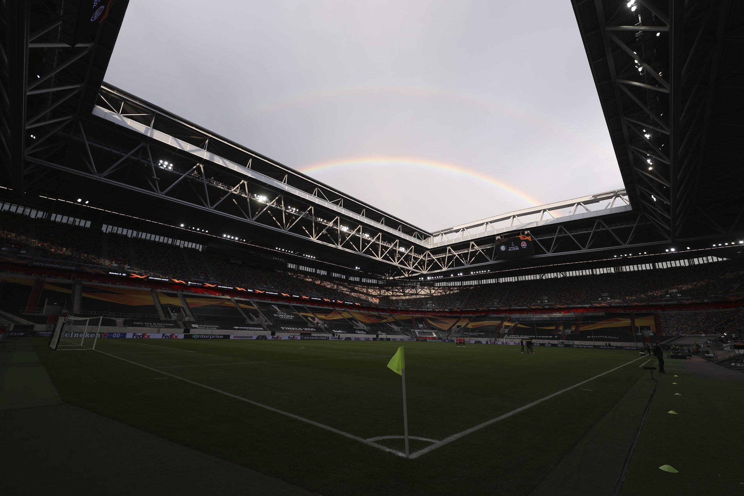 Dusseldorf Arena before the Europa League semifinal match. (Lars Baron/Pool Photo via AP)