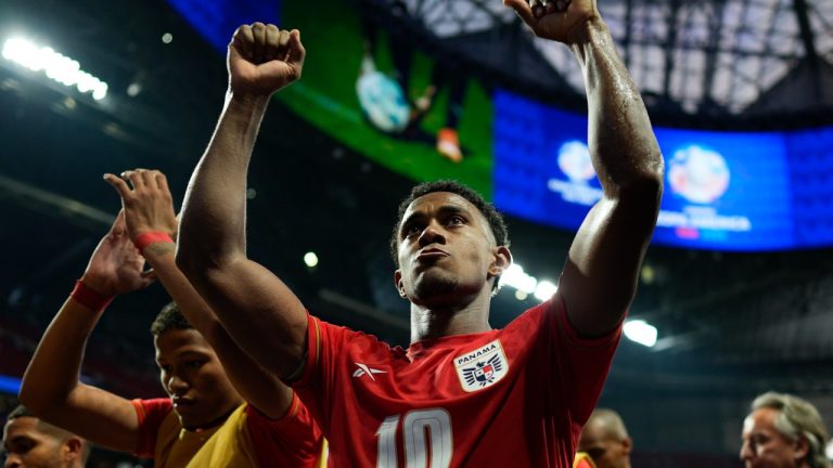 Panama's Edgar Barcenas and teammates celebrate their team's Copa America victory over the United States, June 27, 2024. (AP Photo/Mike Stewart)