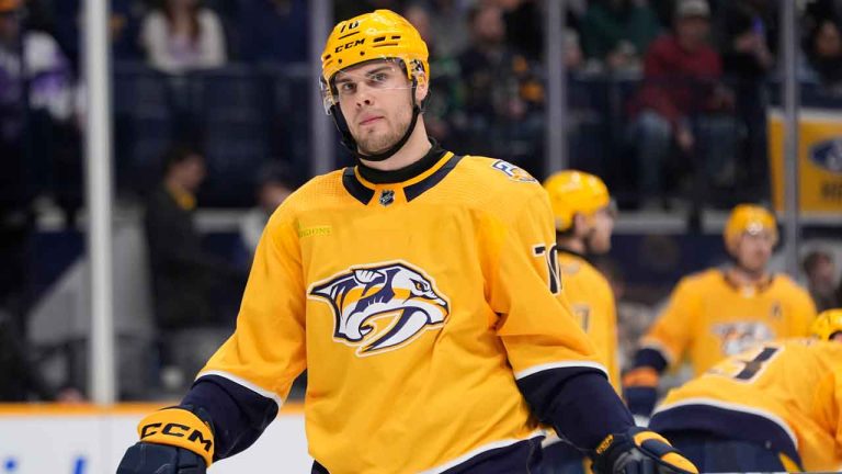 Nashville Predators left wing Egor Afanasyev (70) plays during the third period of an NHL hockey game against the Dallas Stars. (George Walker IV/AP)