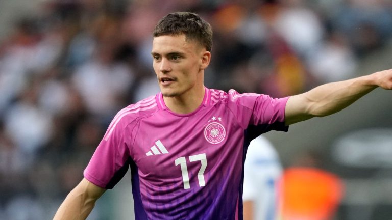 Germany's Florian Wirtz reacts during the international friendly soccer match between Germany and Greece at the Borussia Park in Moenchengladbach, Germany, Friday, June 7, 2024. (AP/Martin Meissner)