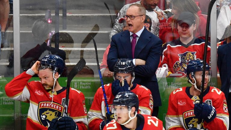 Florida Panthers head coach Paul Maurice, centre top, watches the second period of Game 1 of the NHL hockey Stanley Cup Finals against the Edmonton Oilers, Saturday, June 8, 2024, in Sunrise, Fla. (Michael Laughlin/AP)