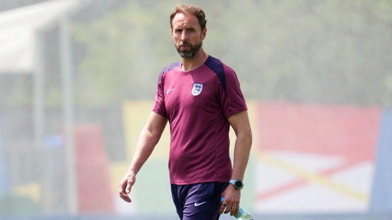 England manager Gareth Southgate during a training session at the Spa & Golf Resort Weimarer Land in Blankenhain, Germany, June 29, 2024. (Adam Davy/PA via AP)